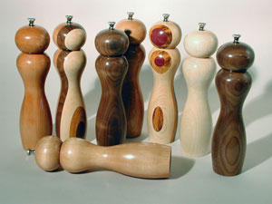 Photo of peppermills turned by Nick on the lathe